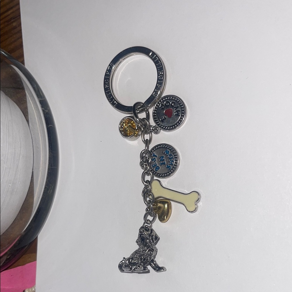 Silver Dog Charm Keychain with Yellow Bone and Gem Accents little gifts